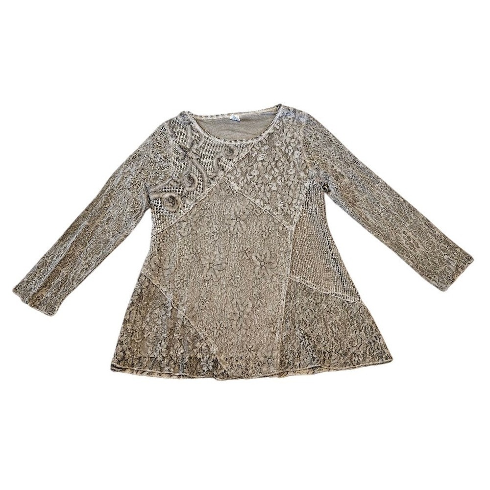 This and That Gray Floral Lace Patchwork Tunic Top Long Sleeve Medium Boho